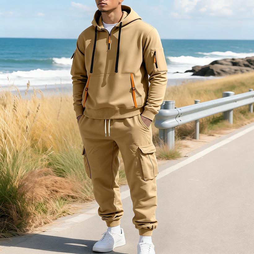 Men s Fleece-Lined Hoodie with Zipper Multi-Pocket Work Pants Set New Autumn/Winter Comfortable Hoodies + Pants Suit S хаки