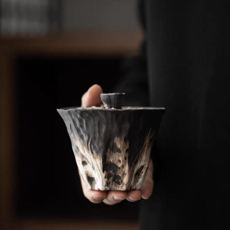 200ml Handmade Embossed Lotus Ceramic Tea TureeWabi Sabi Style Bowl Cover Coarse Ceramic Tea Set Bowl Cover Kung Fu Tea Set Gift