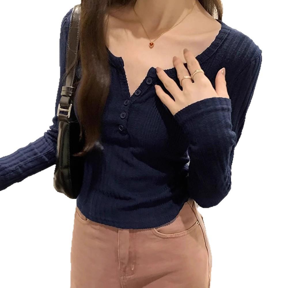 Women's Retro U-Neck Slimming Long-Sleeve Ribbed Knit Top, 2025 Autumn/Winter Collection