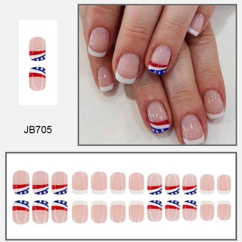 4th of July Glues on Nail Short Square Fake Nail Independence Day French Tip Press on Nail Artificial Acrylic Nail