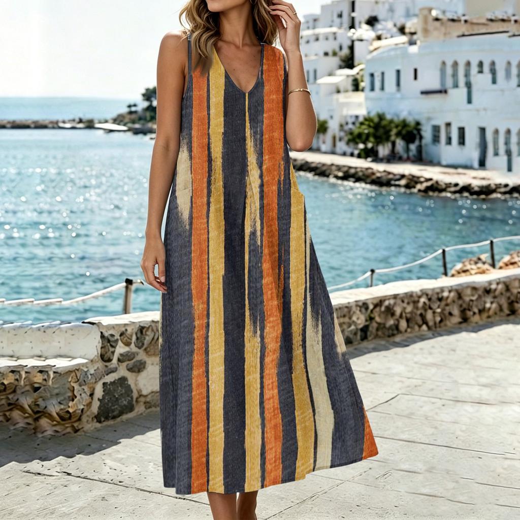 Women Sleeveless U Neck Pocket Split Hem Cotton Linen Dress with Floral Print Loose Fit Casual Style for Summer Wear