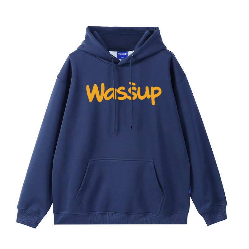 Wassup Letter Print Logo Sweatshirt Men's Hooded Autumn and Winter Fleece-Lined Loose Versatile Couple Pullover Top