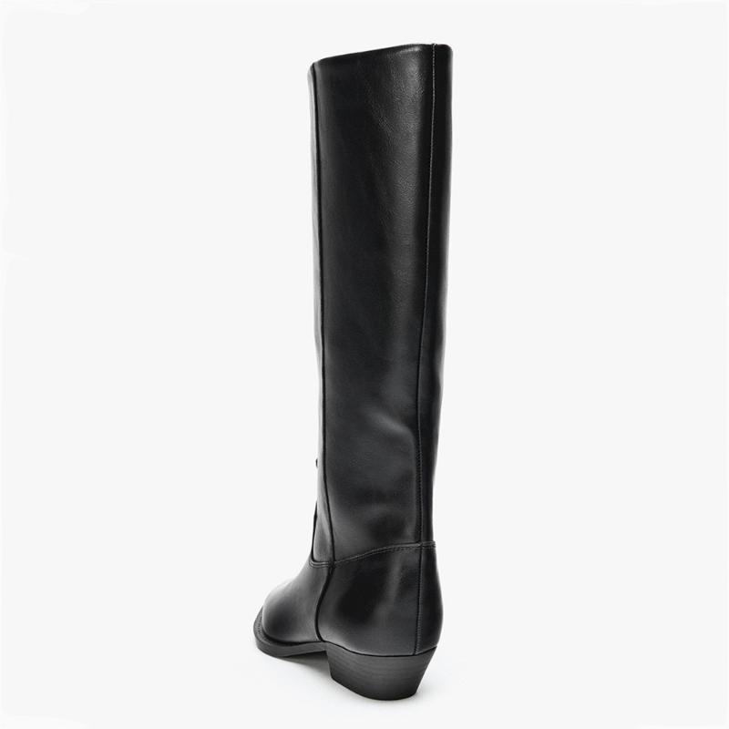 Luxury Designer Knee Boots Women Sexy Black Pointed Toe Sewing Chunky Heel Platform Boots Comfortable Soft Leather Long Boots