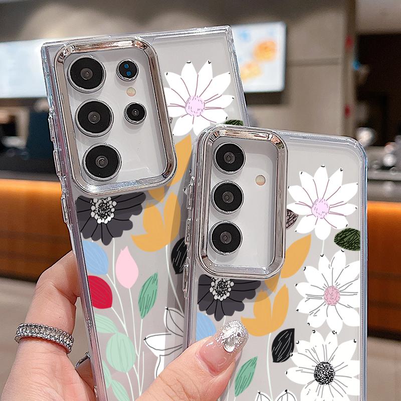 White Flower Pattern Case For Samsung S26 S25 Ultra S24 FE S23 Plus S22 S21 A15 A16 A17 A35 A36 A37 A54 A55 A56 A57 5G Plating Lens Soft Cover