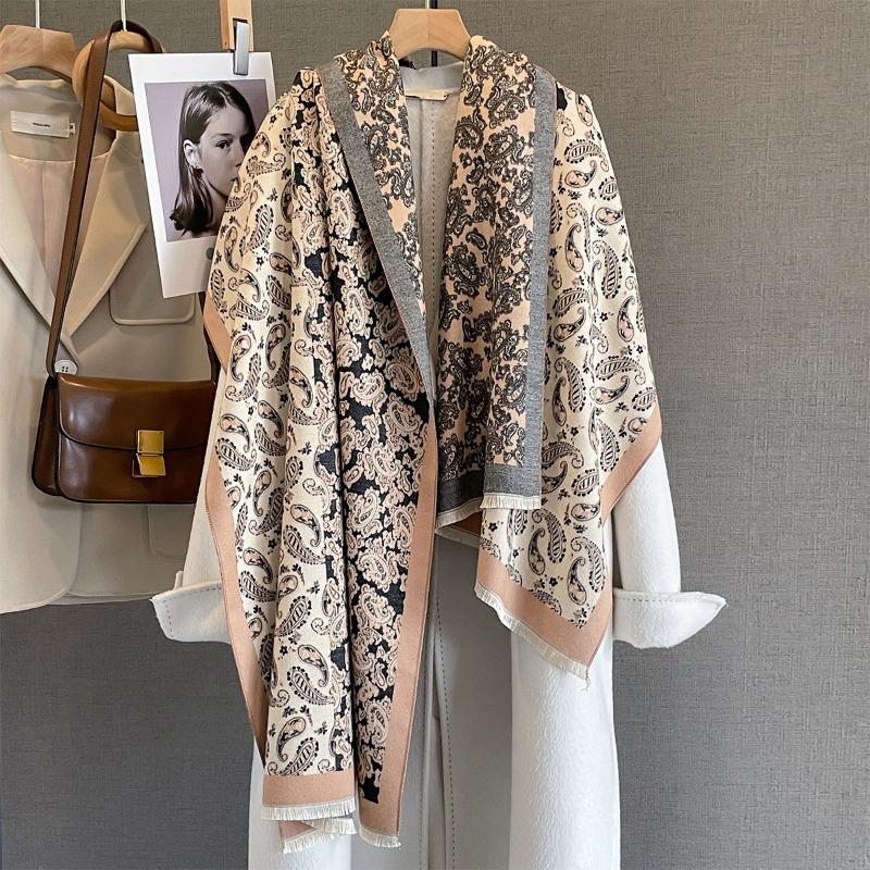 Autumn and winter imitation cashmere contrasting color splicing cashew flower printing scarf fashionable versatile warm shawl fashionable outer scarf