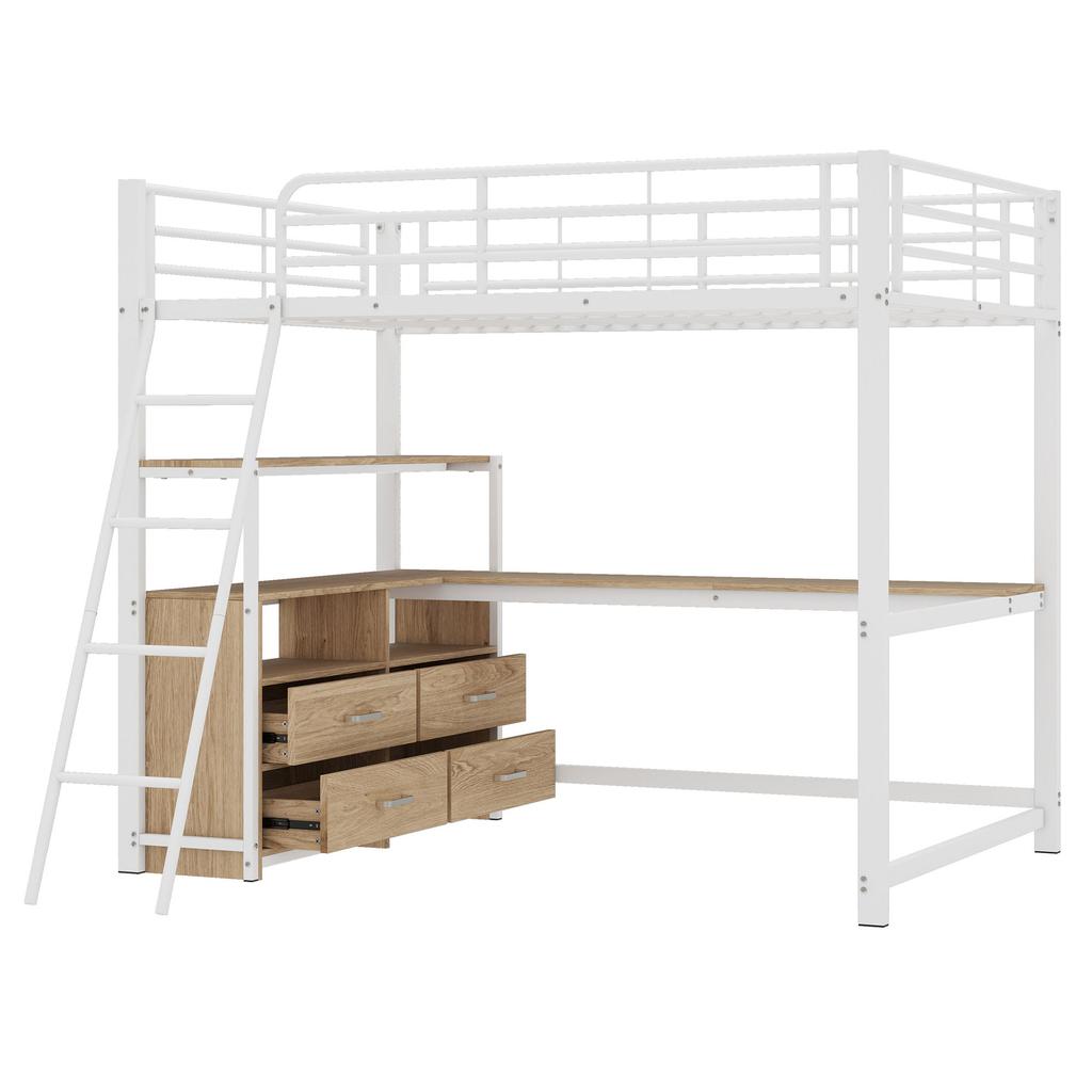 Letto a soppalco, 140*200cm, Struttura in Ferro, Cassetti Pratici, Scrivania Angolare Elegante, Design Laminato, Senza Materasso, Bianco