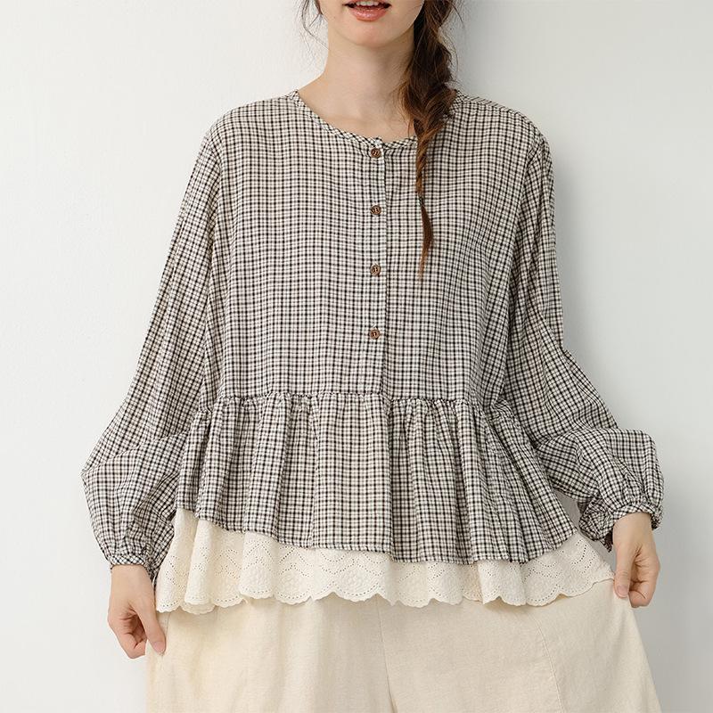 Spring Retro Plaid Patchwork Lace Long Sleeve Shirt - Loose, Versatile & Slimming Pullover Top