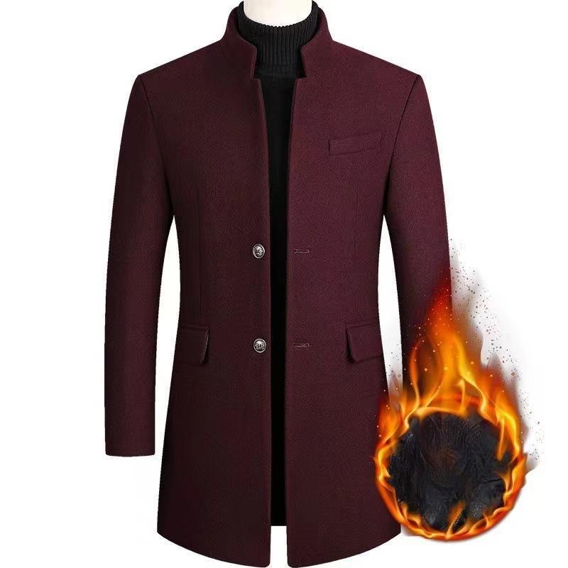 Autumn and Winter Men's Woolen Coat Medium and Long Trench Coat Men's Cotton Thickened Stand-up Collar Men's Woolen Coat