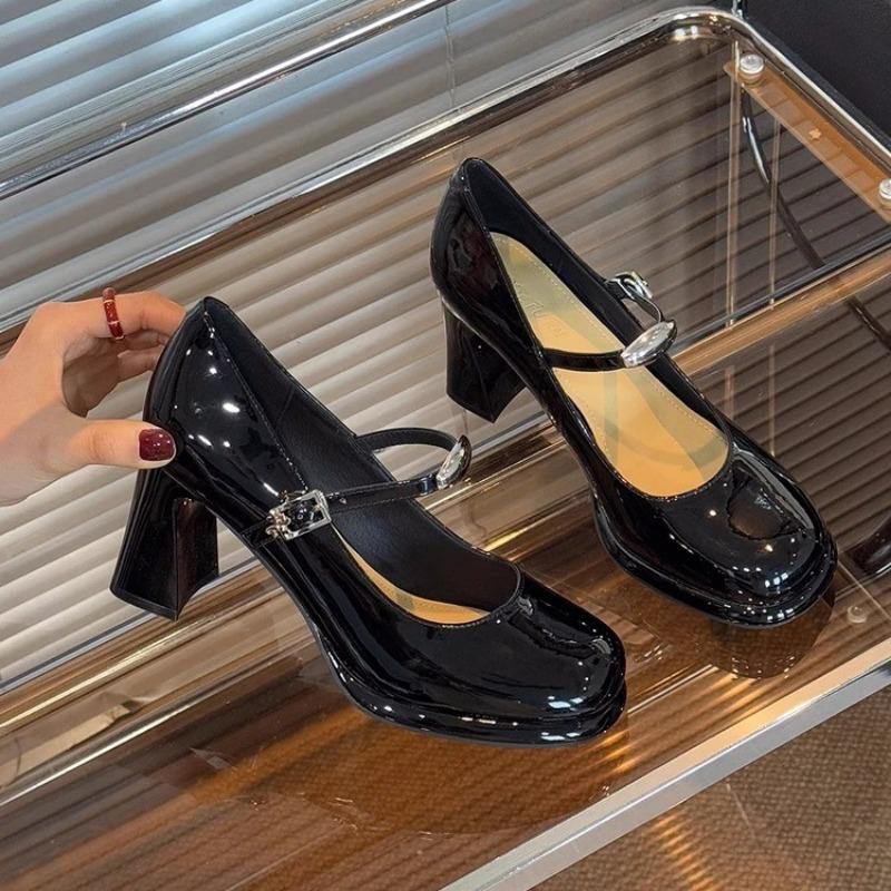 Mary Jane Shoes Spring New Round Head Shallow Mouth Metal Buckle A Line with Anti-slip Wear-resistant High Heels