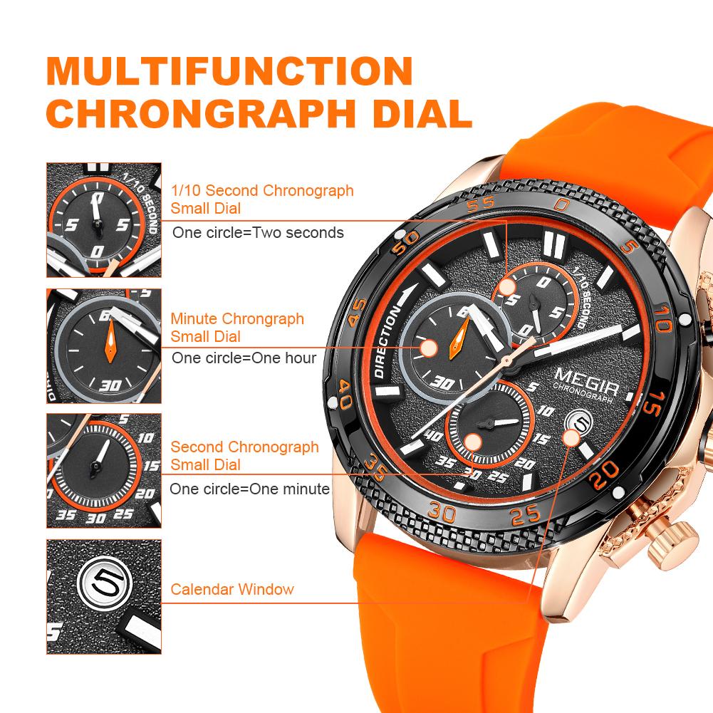 Megir Men's Sports Analogue Chronograph Luminous Quartz Watches with Stylish Silicone Strap for Gifts 2211