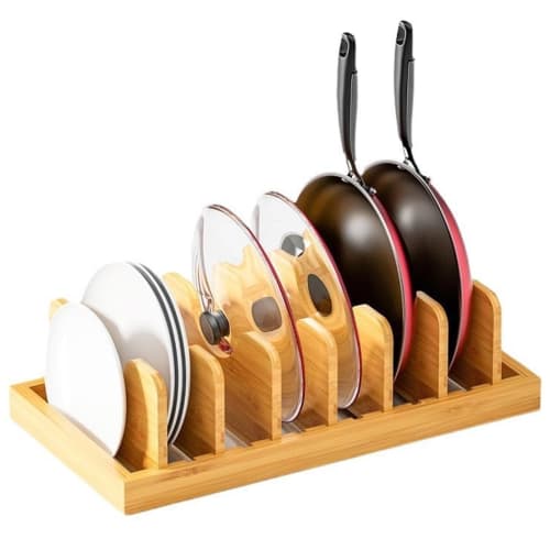 Socpuro Wooden Frying Pan Rack, Pot Lid Stand with 7 Dividers, Adjustable Spacing, Dish Drainer, 39.5*23cm, Natural Look, Space-Saving, Easy Access To