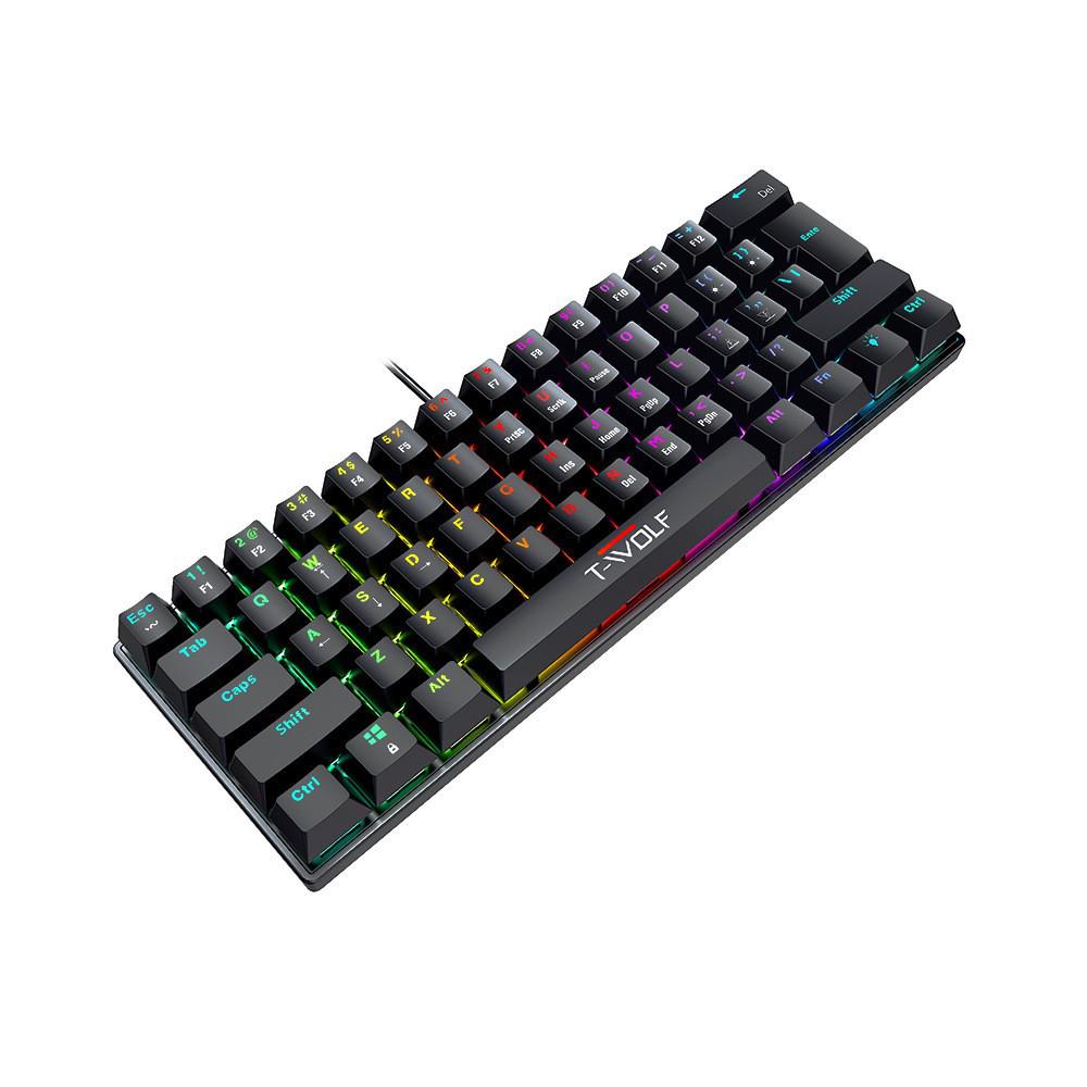 T-WOLF T61 RGB Backlit Wired Mechanical Gaming Keyboard, Blue Switches, 61-Key Portable Design.