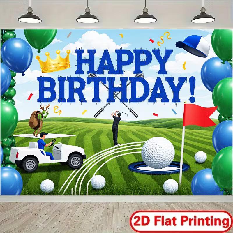 

2D Cool Golf Birthday Background Cloth, Blue Balloon & Golf Cart Party Tapestry 47.2x31.5inch/120*80cm