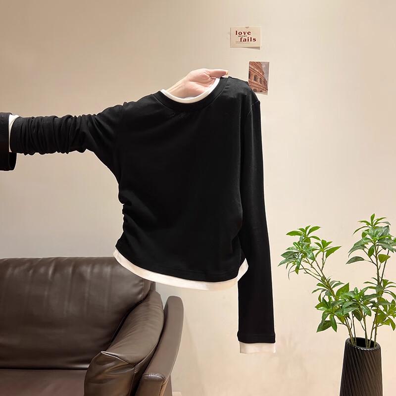 Women's Fake Two-Piece Pleated Long Sleeve T-Shirt