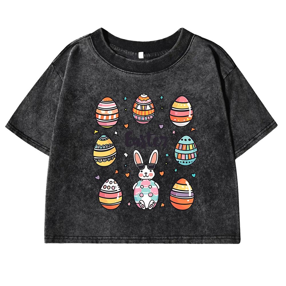 The Easter Egg Funny Graphicprinting Female Washed Tee Shirt Retro Casual Crop Top Cotton Clothes Fashion Streetwear