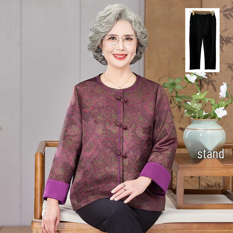 Elegant Spring & Autumn Chinese Style Outerwear for Mothers and Grandmothers, Round Neck, Fashionable for Middle-Aged and Elderly Women.
