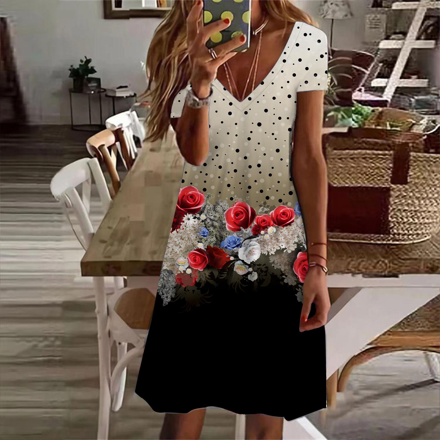 Летняя мода женское платье с V-образным вырезом и коротким рукавом — фото 3