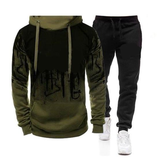 2 Pcs/set Men Hoodie Suit Splash-ink Print Drawstring Casual Sweat Absorption Long Sleeve Men Tracksuits for Daily Wear