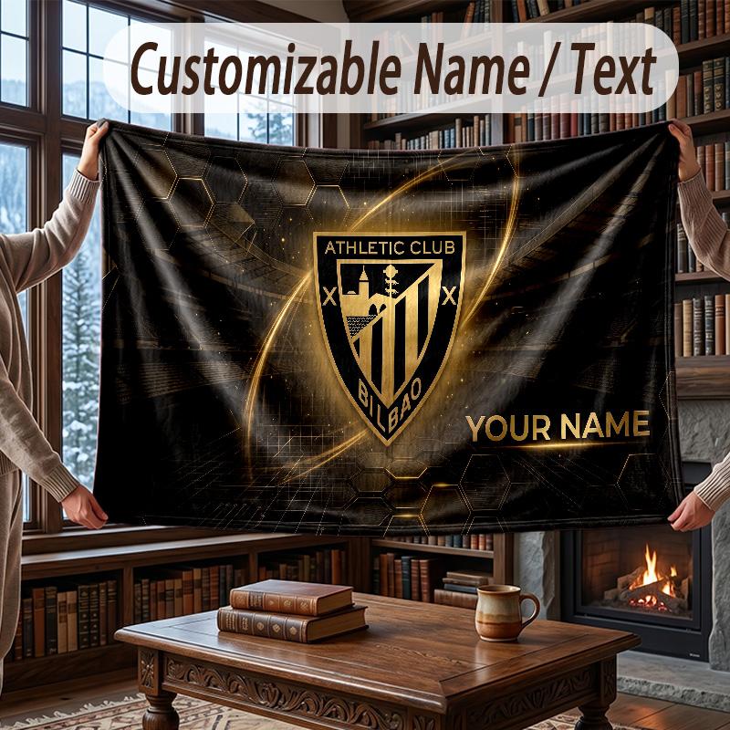 Custom Name Flannel Throw Blanket Athletic Bilbao FC Pattern Warm Home Decoration