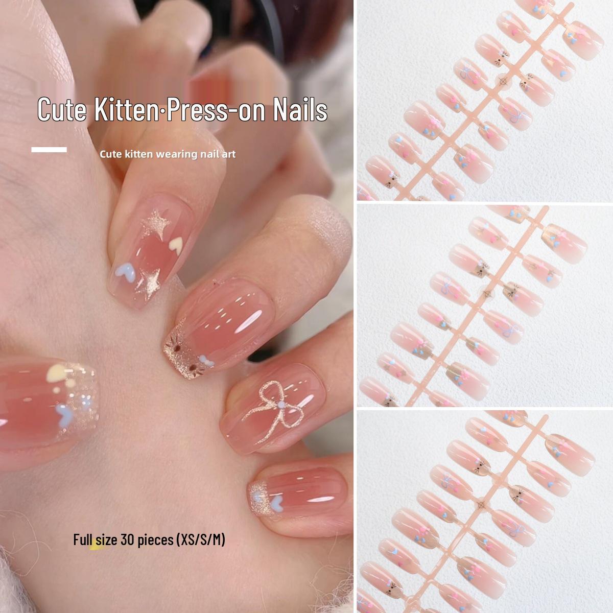 

P0228-230 Cute Kitten Girl Baby Pink Cat Eye Detachable Press-on Nails, 30pcs
