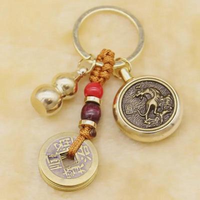 Portachiavi Zodiaco in Ottone e Rame con Moneta Rotante e Pendente a Zucca