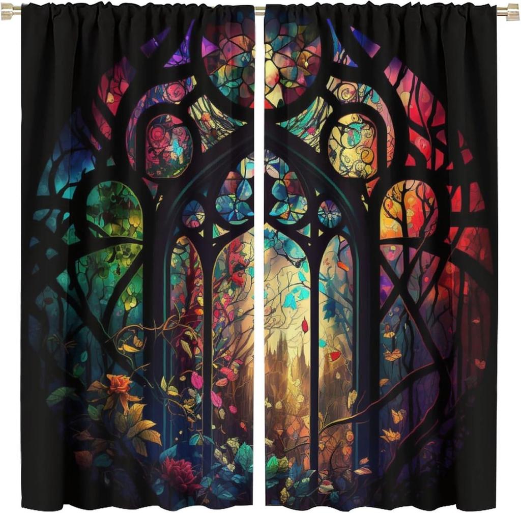 Stained Glass Blackout Window Curtains, Autumn Forest Mosaic Art Beautiful Nature Scenery Stained Glass Home Kitchen Livingroom