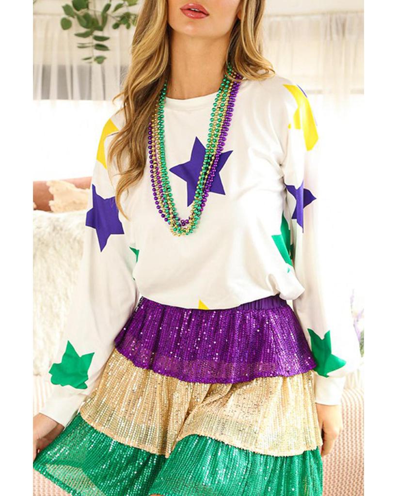 Azura Exchange White Mardi Gras Star Printed Long Sleeve Top
