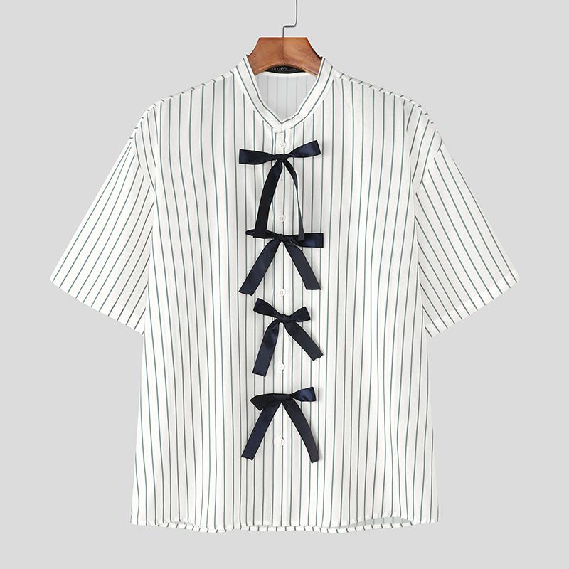 

INCERUN Men Oversized Collarless Short Sleeve Print Bow Knot Casual Loose Shirts 4XL