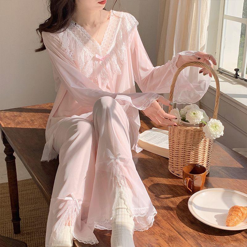 V-neck Summer Pajamas for Women Pajama Women Spring and Autumn Long Sleeve Modal Lace Mesh Sweet Princess Style Home Dress Set