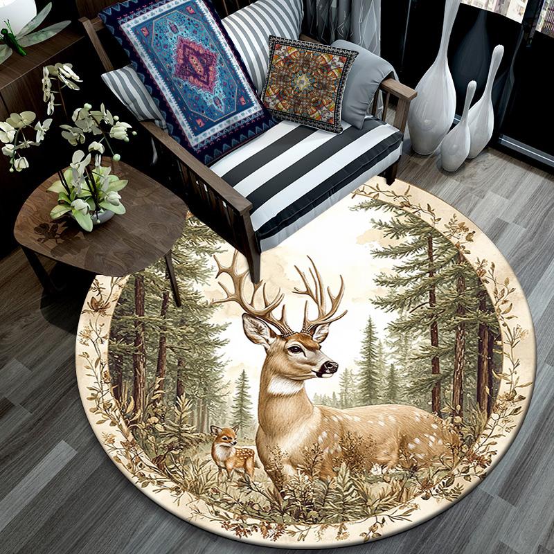 Deer Forest Round Area Rug,Carpet Rug for Living Room Bedroom Sofa Playroom Decor,Non-slip Floor Mat