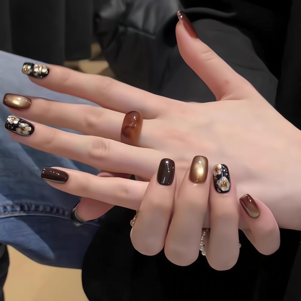 Press on Nails Square Fake Nails with Glitter Design Artificial Acrylic Nails Glossy False Nails Full Cover Stick on Nails Glue on Nails for Women