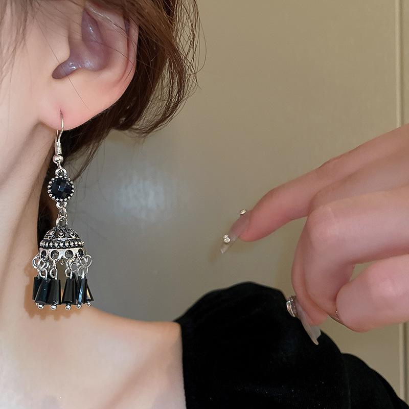 Retro ethnic style diamond-set artificial crystal fringed ear hook Miao style ancient silver old high-end earrings