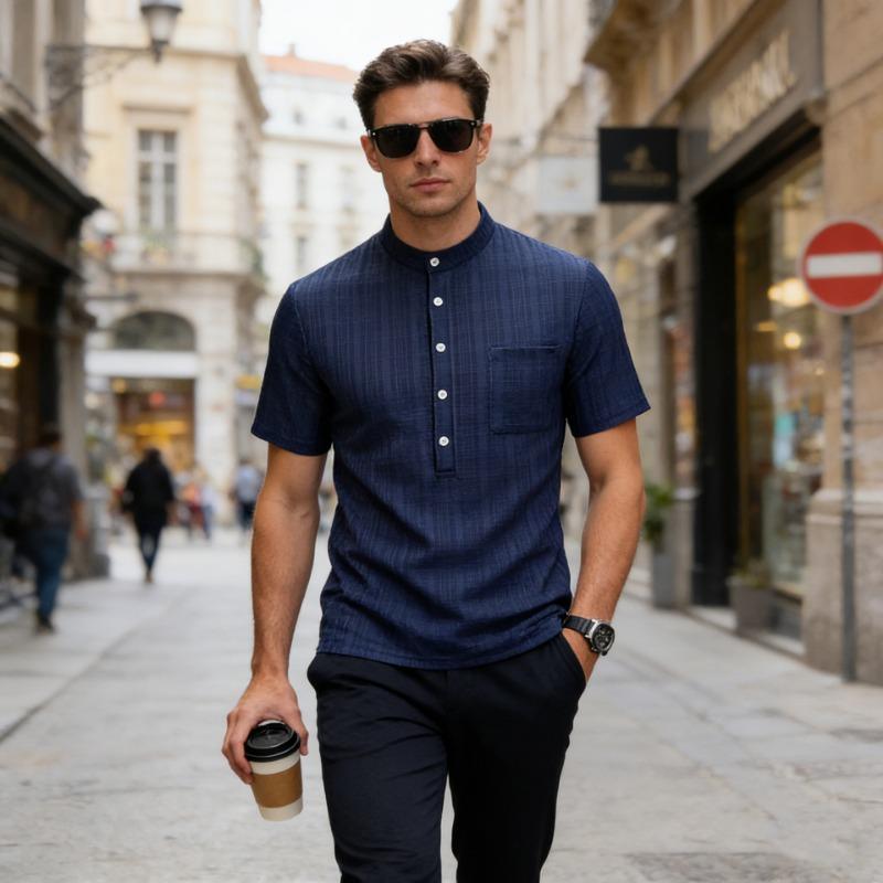 Men Mandarin Collar Half Button Chest Pocket Plaid Textured Short Sleeve Shirt