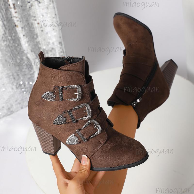 Fashion Fashion Design Metal Buckle Decor Ankle Boots Women 2025 Autumn Point Toe Side Zip Western Booties PU Suede High Heel Boots