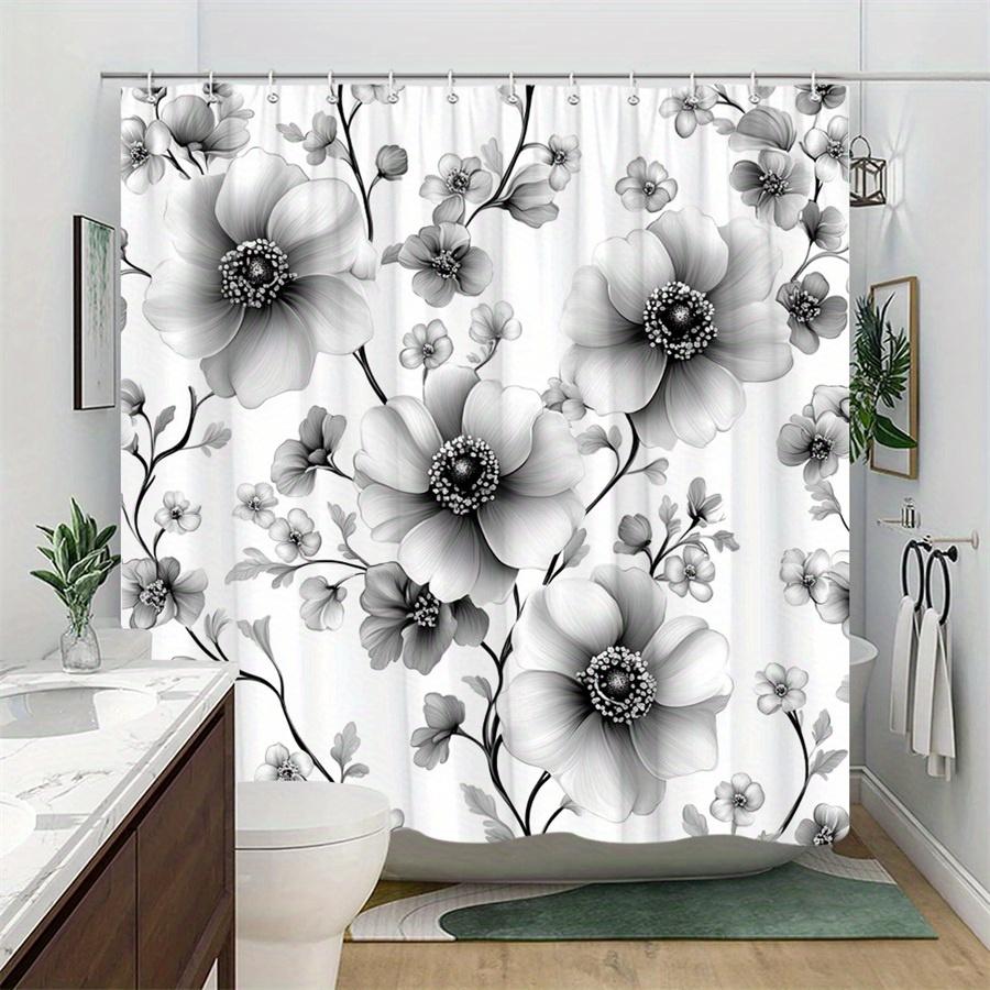 1pc Black and White Floral Shower Curtain - Features large blooms and delicate flowers, polyester fabric, machine washable