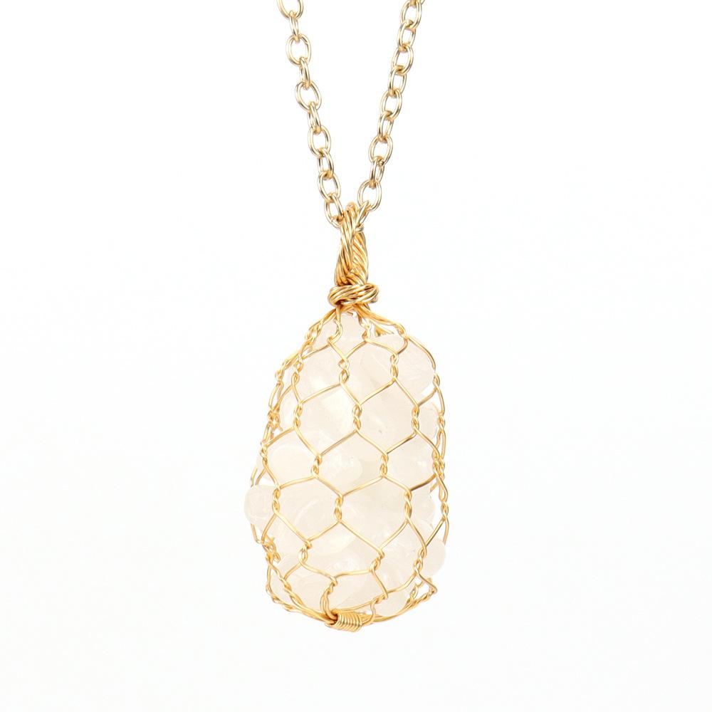 Natural Colorful Crystal Gravel Amethyst Copper Wire Hand-Woven Mesh Pocket Pendant Necklace N657