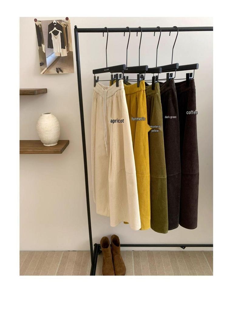Women's Autumn Corduroy Wide-Leg Cropped Pants with Skirt Patchwork - Loose Fit