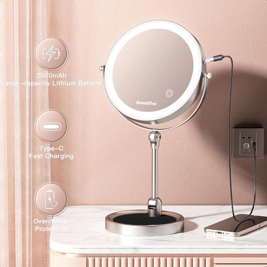 9 Makeup Mirror with Light 12X 1X Lighted Magnifying Mirror Angle Adjustable 3 Color Dimmable 360Rotatable Rechargeable Double