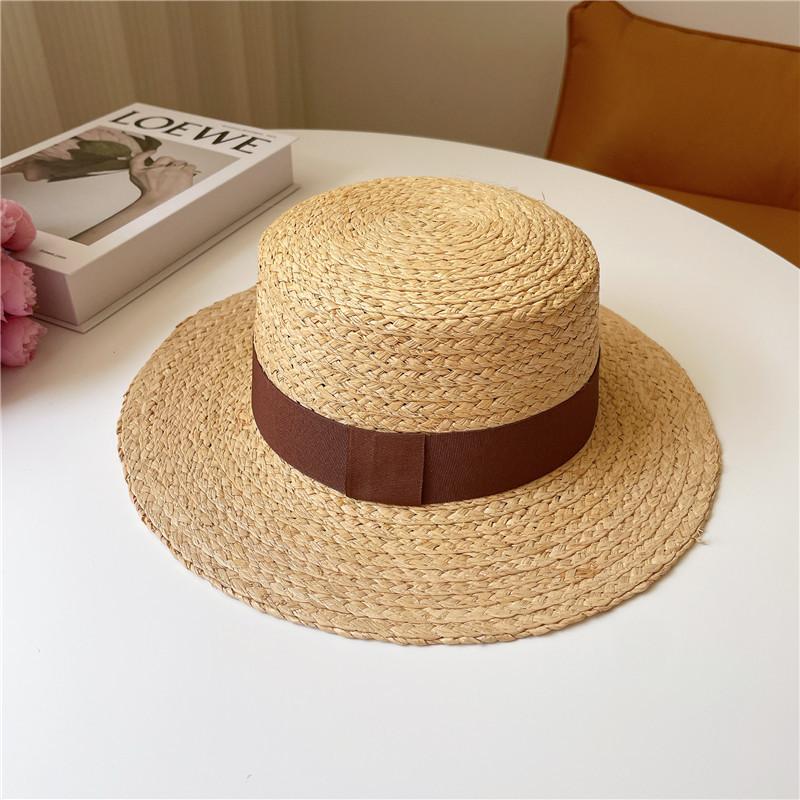 Raffia Boater Hats Women Summer Hat with Ribbon Band flat top Sun Hat Wide Brim Beach Hat Ladies Canotier Hat
