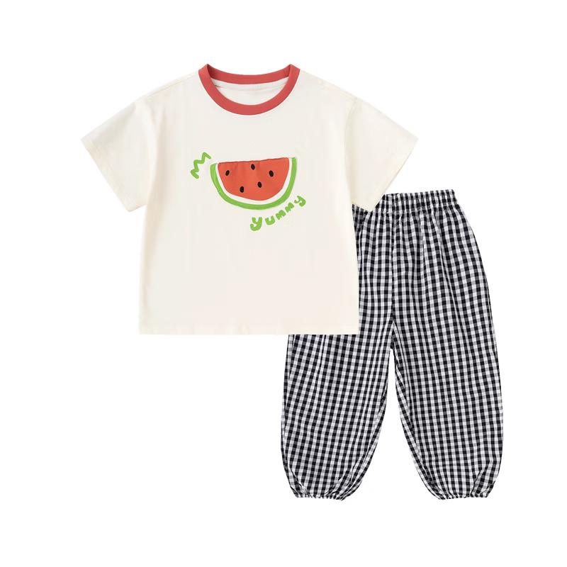 

Kids Summer Short Sleeve T-Shirt & Plaid Anti-Mosquito Pants Set 100
