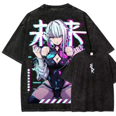 2026 Summer Cyberpunk Edgerunners Lucy Future Washed T-Shirt Anime Harajuku Streetwear Oversized Tee Men Women Unisex Short Sleeve Cotton