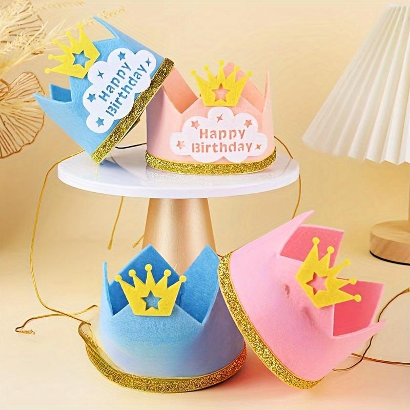 1pc Happy Birthday Crown Hat Disposable Party Glitter Ribbon Golden Crown Star Decorations Blue Cloud Base Happy Birthday Photo Props