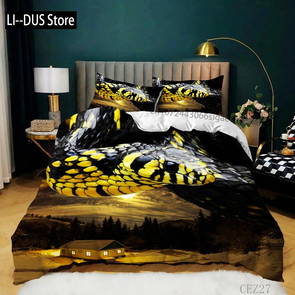 3D Yılan Nevresim Takımı King Boy Korku Yılanı Vahşi Hayvan Temalı Yatak Takımı Polyester Korkunç Vahşi Yaşam Tarzı Yorgan Kılıfı