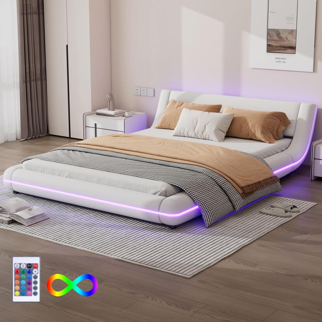 Polsterbett 140x200cm mit LED Beleuchtung, Bodenbett Doppelbetten mit Kopfteil und Lattenrost, Ohne Matratze