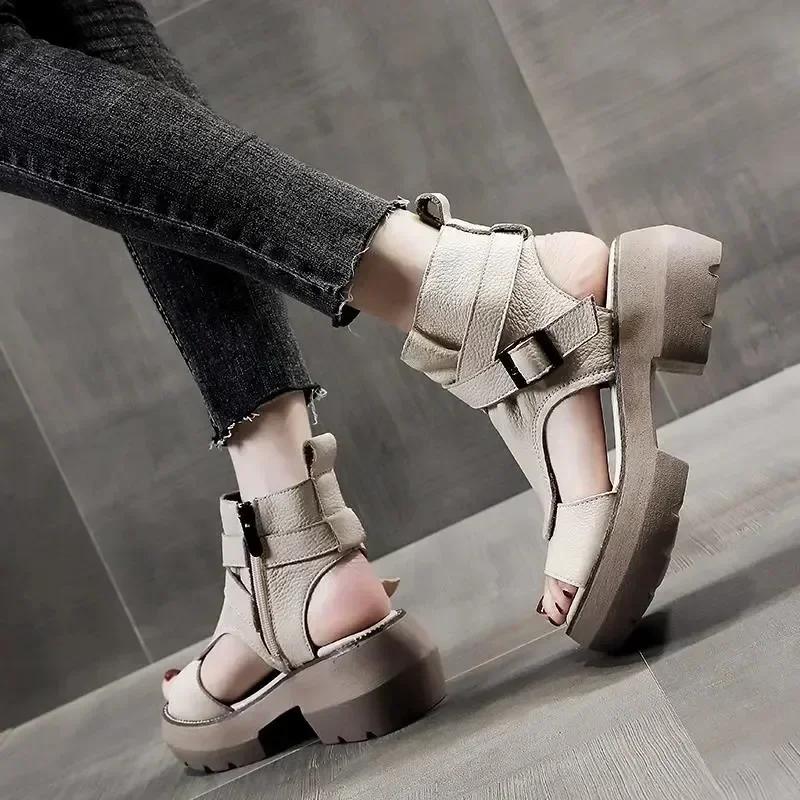 Fashion 2025 New Summer Shoes Women Sandals Retro Genuine Leather Wedges Platform Peep Toe High Heel Black
