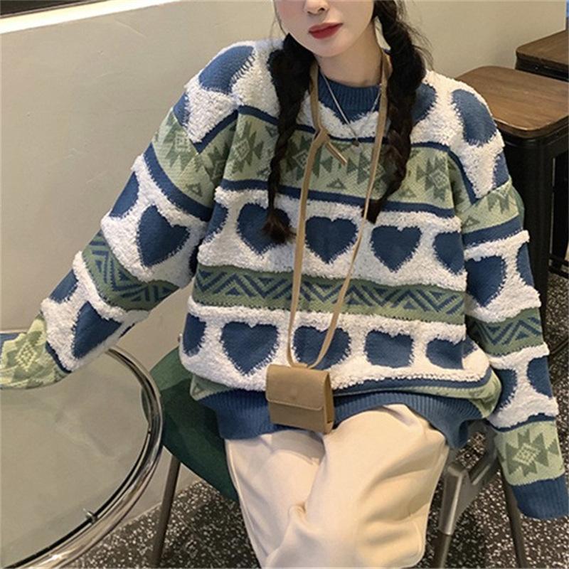 

Женский осенне-зимний свитер с любовью и сердцем, вязаный крючком, свободный круглый вырез с длинным рукавом, повседневный трикотаж One Size синий