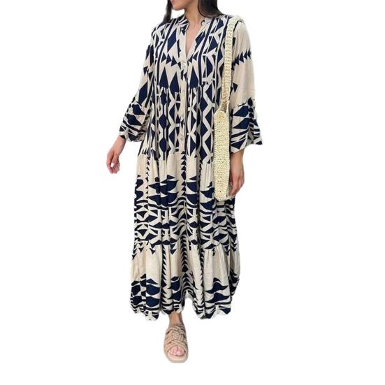 V-Ausschnitt Langarm Knöpfe Halbe Knopfleiste Plissee-Nähte Großer Saum Strandkleid Geometrisch