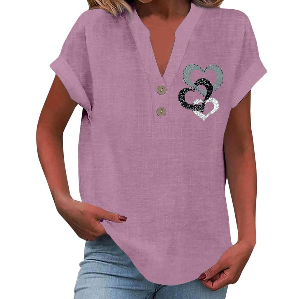 Ladies Casual Fashion V-Neck Button Floral Print Short Sleeve Top