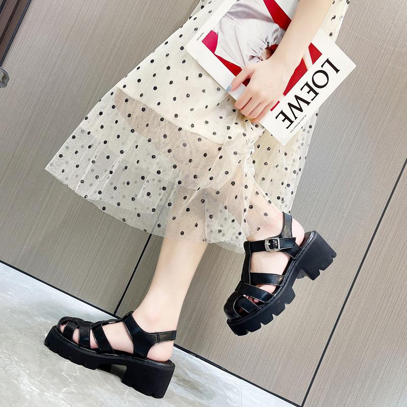 Leather Baotou Roman Sandals Women's High Heel 2025 New Platform Muffin Shoes Summer Hollow Heel Pig Cage Shoes