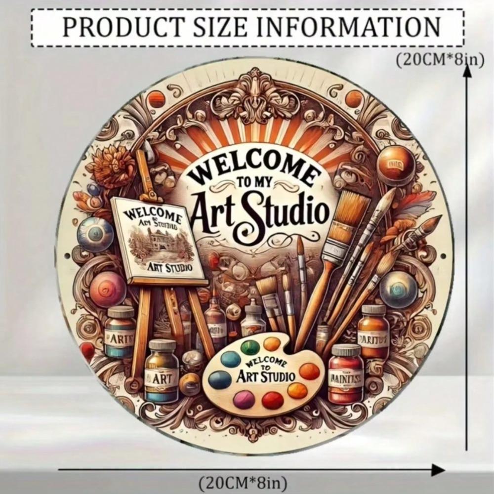 Vintage Welcome Sign Round Metal Art Studio Decor Painting Palette